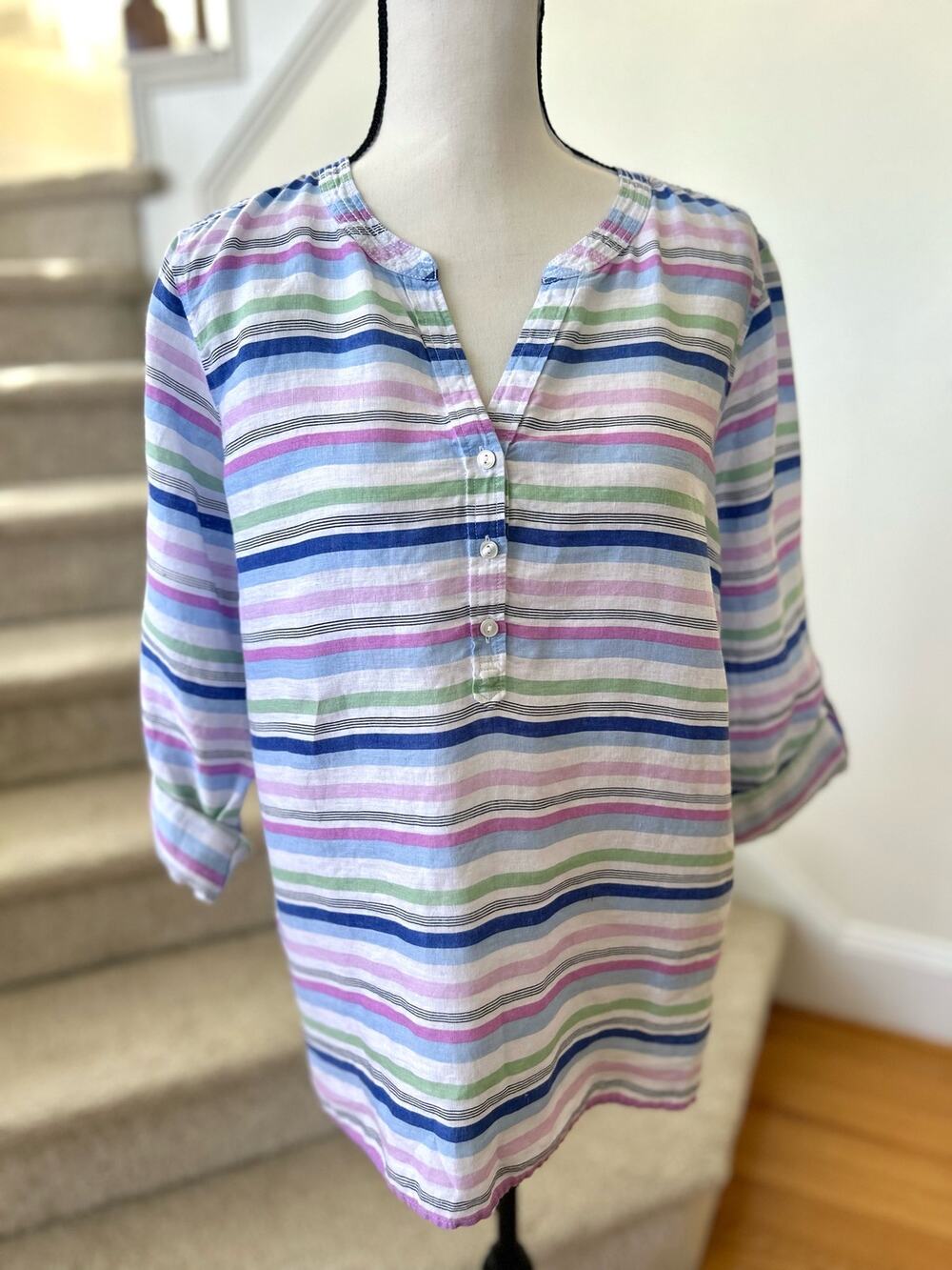 Talbots White, Blue, Pink & Green Pastel Linen Stripe Blouse